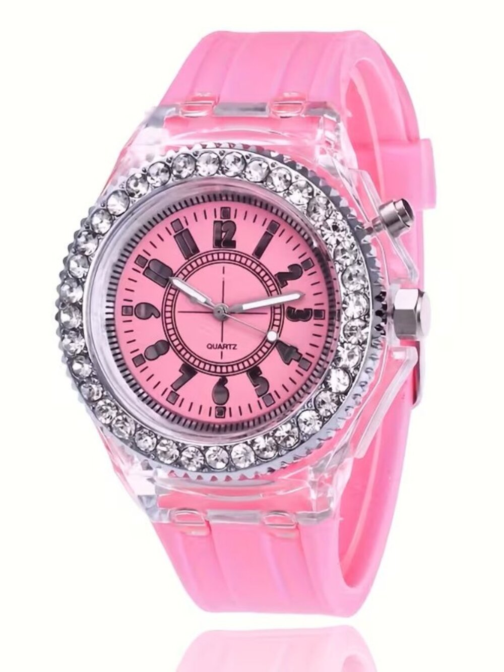 LED Light Up Analog Wrist Watch Pink Band Crystal Bezel Fashion Gift Unisex